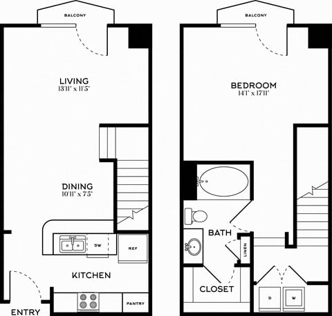 Floor plan for 1 bed, 1 bath, 814 sqft
